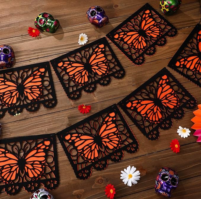 Janinka 92 Pcs Dia De Los Muertos Banner Monarch Butterfly, Black, Orange - skull carpet