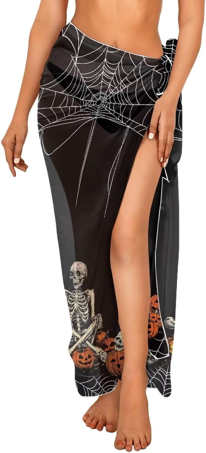 Women Sarong Swimsuit Coverups Chiffon Long Bikini Wraps Sheer Beach Bathing Suit Cover Up - skull swimsuit