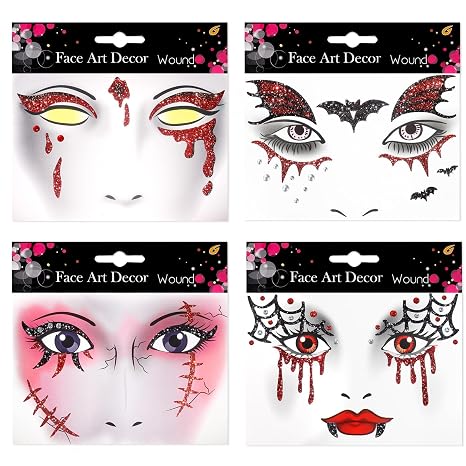 Boko 4Pcs Halloween Face Stickers, Red White Black Halloween Stickers - skull sticker