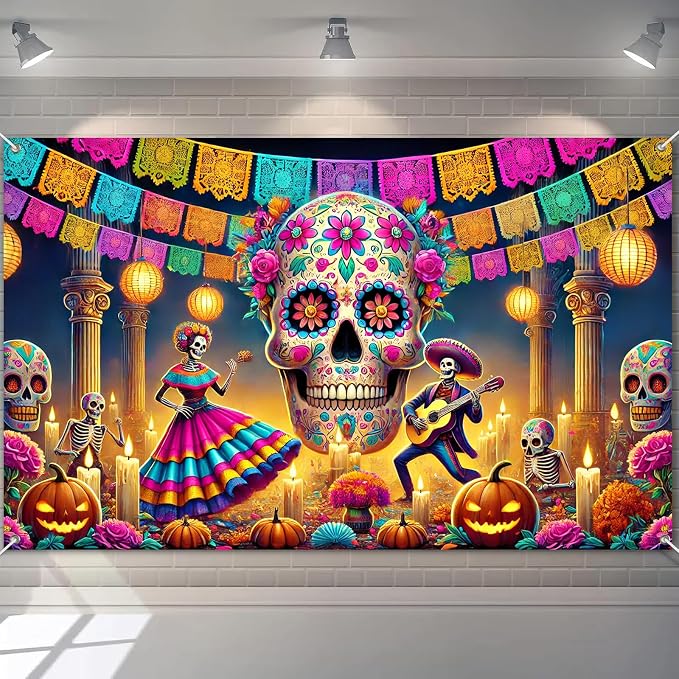BlissYard Day of the Dead Banner Sugar Skull Decorations 71 x 43 Inch - skull candle