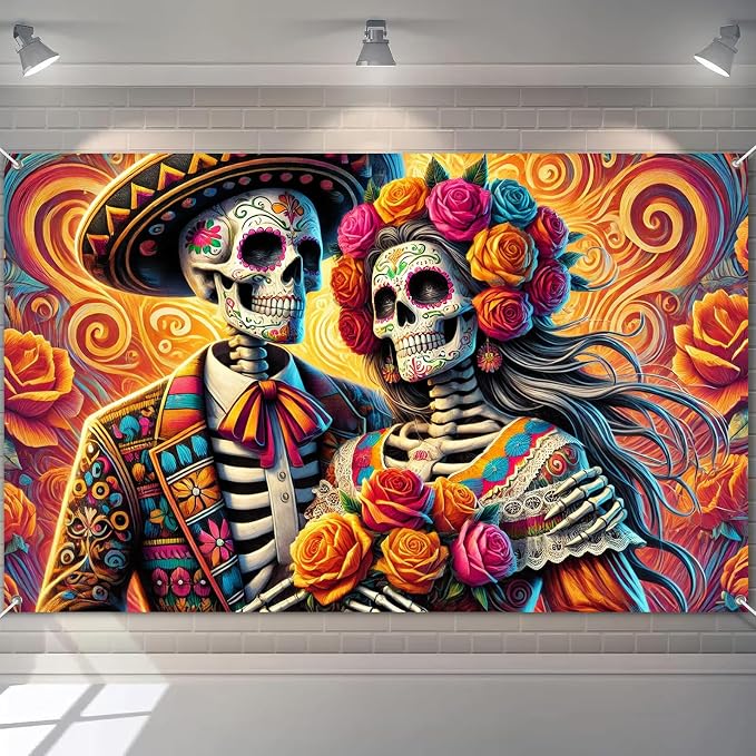 BlissYard Day of the Dead Banner Couple Sugar Skull Decorations 71 x 43 Inch - skull candle