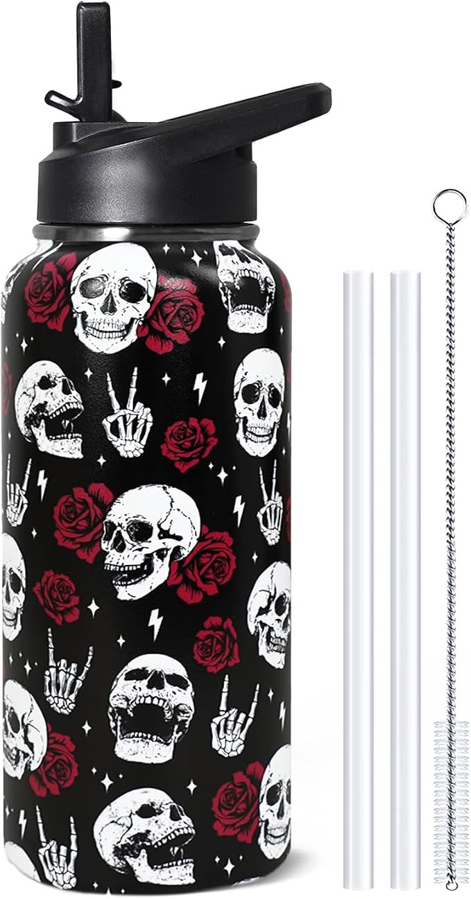 32oz Skull Rose Insulated Aater Water Bottle with Straw Gym Hiking Sports Coffee Mug Cup Water Bottles,Halloween Gifts for Women,Goth Decor Stuff Accessories