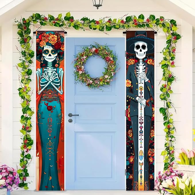 Day of the Dead Porch Banner 12×71 Inch Dia de los Muertos Skeleton Couple Halloween Decorations Outdoor Indoor Welcome Door Sign for Front Porch Party Home Decor