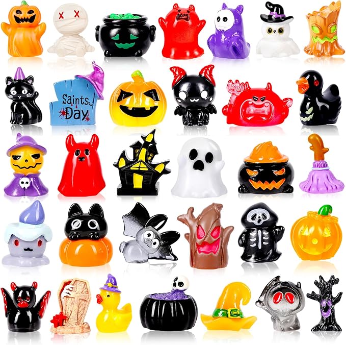 44Pcs Halloween Mini Resin Figures 44 Styles Little Figures to Hide Tiny Small Pumpkin Ghost Duck Skull Bulk Miniature Figurines for Halloween Party Favors DIY Craft Garden Dollhouse Decor - skull figurine