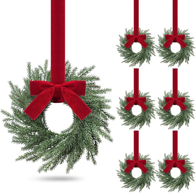6 Pcs Evergreen Christmas Mini Wreath for Cabinet with Velvet Bow - skull wreath