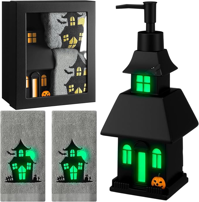 Teenyyou 4 Pcs Halloween Haunted House Soap Dispenser Set with Towels - skull toilet paper