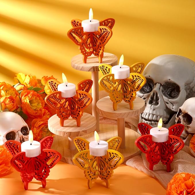 LemonRoad 6 Pcs Day of The Dead Butterfly Candle Holders Wooden Altar - skull candle