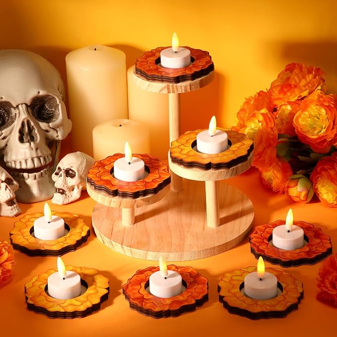 12 Pcs Day of The Dead Dia De Los Muertos Wooden Marigold Candle Holders - skull candle