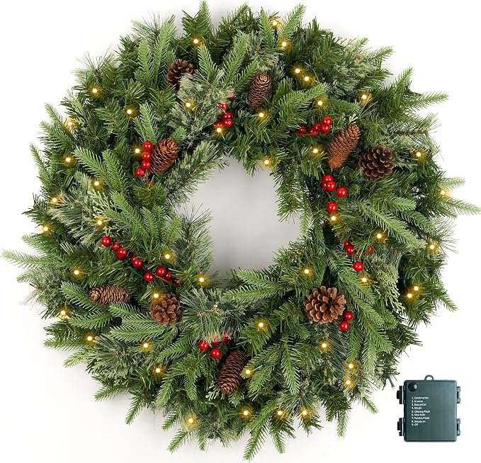 Christmas Wreath Pre-lit 30 inch with 100 Light & Pine Cone, Artificial Christmas Wreaths for Front Door with Lights, Wreath for Christmas Decoration Door Windows Wall Green - skull wreath