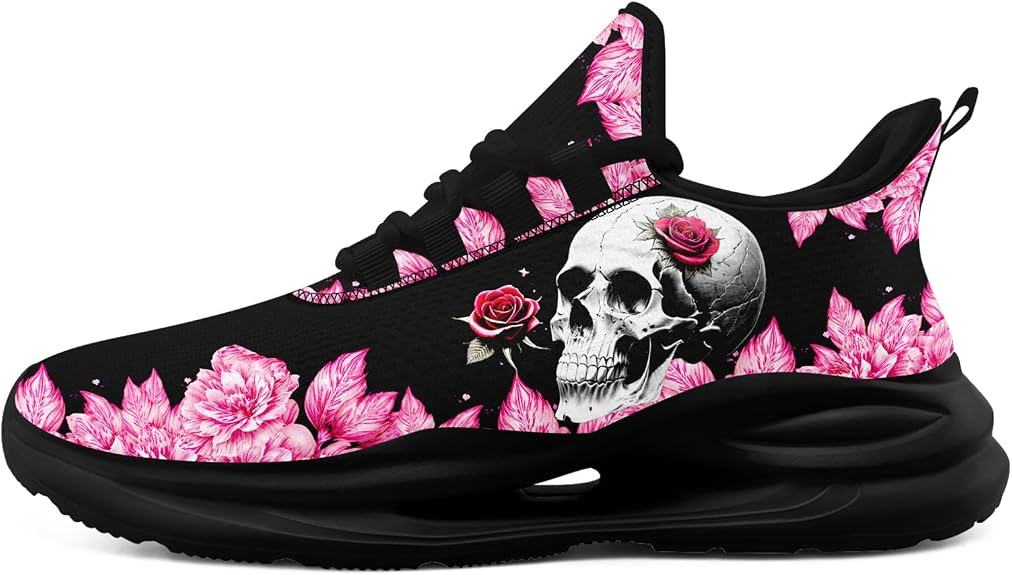 Women's Skull & Rose Running Shoes Trendy Floral Sneakers with Cool Design Comfort Breathable Mens Athletic Gym Walking Shoes - sugar skull boots