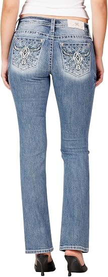 Miss Me Women's Longhorn Skull Embellished Pockets Mid-Rise Bootcut Jeans - sugar skull boots