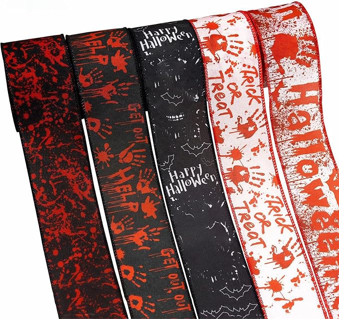 5 Roll Halloween Wired Ribbon, 2.5 Inch Black White Skull Pattern Gift Wrapping Ribbons, Blood Handprint Decorative Ribbons for Crafts Bow Wreath Gift Wrapping Halloween Party Decor, 25 Yards - skull wreath