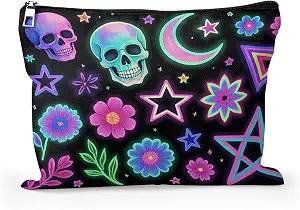 Cafl Neon Galaxy Skull Makeup Bag Skull Floral Cosmetic Bag for Women Large Capacity Make Up Bag Portable Travel Toiletry Pouch Organizer 10 * 8inch - skull suitcase