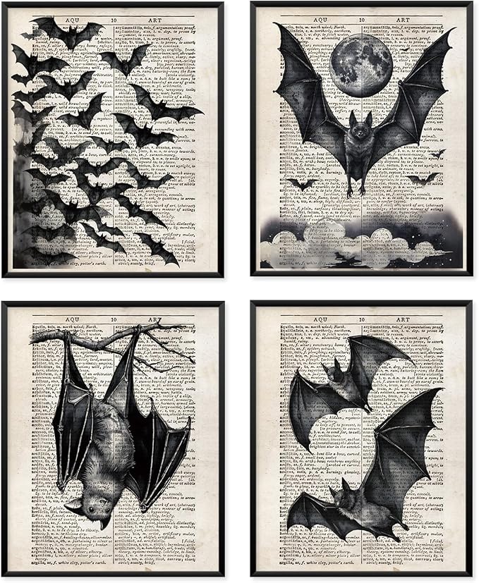 VONTP Dark Academia Gothic Bat Wall Art Decor, 8×10 Set of 4 (Unframed)