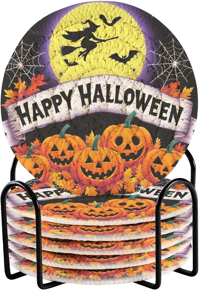 Caikeny 6 Pcs Drink Coasters with Metal Holder Pumpkin Bat Halloween Spider Web Maple Absorbent Coasters Decorative Woven Coaster Set for Coffee Table - skull coaster