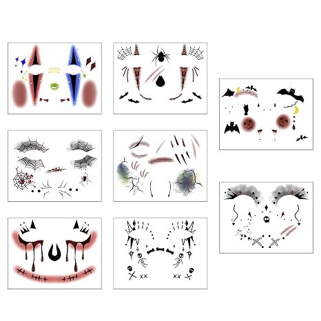 Halloween Temporary Tattoos, 8 Pcs Scary Face Makeup Stickers with Clown, Spider Web, Vampire Eyeshadow & Fake Freckles for Horror Party, Day of the Dead, Carnival Makeup & Costume Decoration - skull sticker