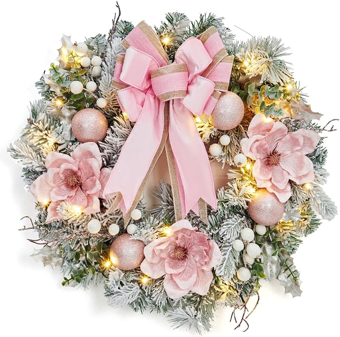 Pre-Lit Christmas Wreath for Front Door, 24 Inch Large Xmas Wreath for Holiday Decor, Battery Operated Xmas Lighted Wreath with Flower, Ball Ornaments & 20 LED Lights for Fireplace Window - skull wreath