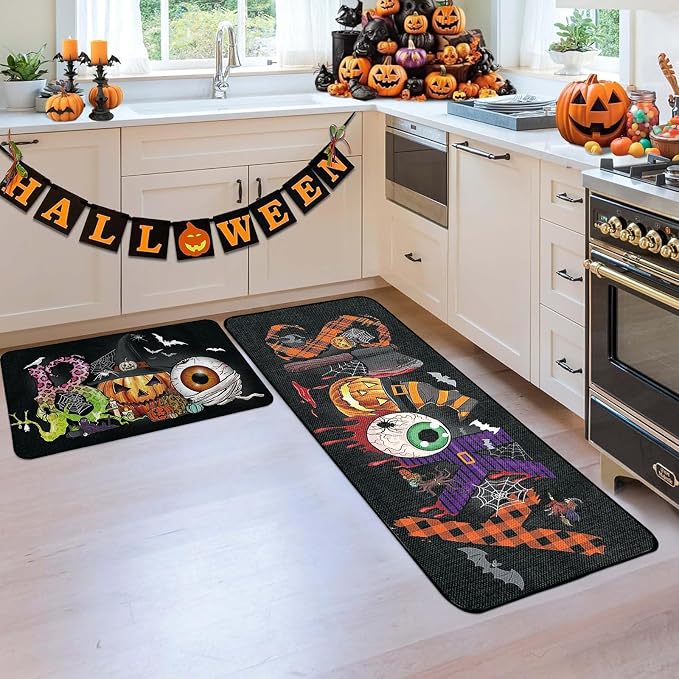 2Pcs Halloween Kitchen Floor Mat Doormat Door Front Polka Pumpkin Decorative, Non-Slip Crystal Velvet Doormat, Indoor/Outdoor Fall Rug for Front Door Porch Entryway Porch Decor 16x24+16x48Inch - skull floor mat