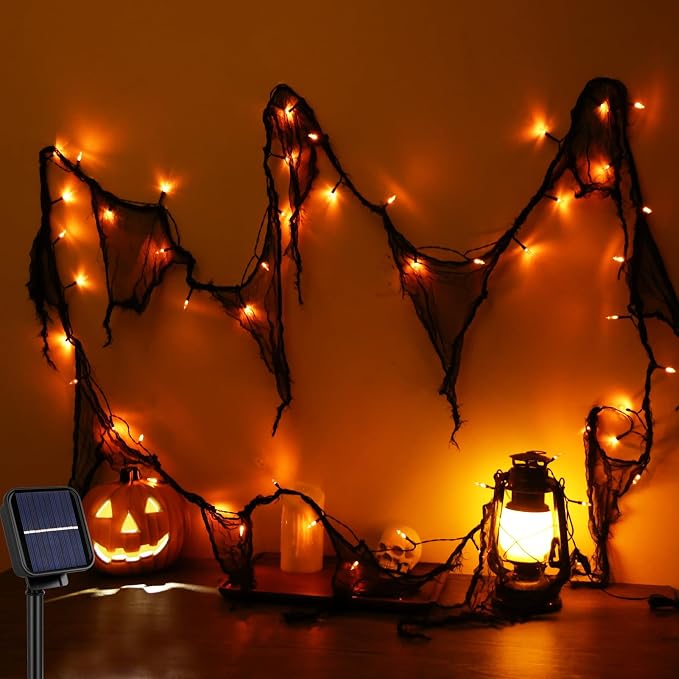 Halloween String Lights Outdoor with Black Creepy Cloth Solar Power Orange - string light