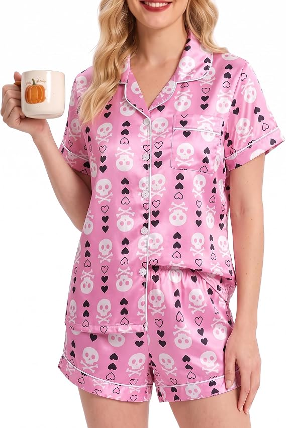YIJIU Womens Silk Satin Pajamas Set Short Sleeve Sleepwear Button Down Pjs - skull pajamas