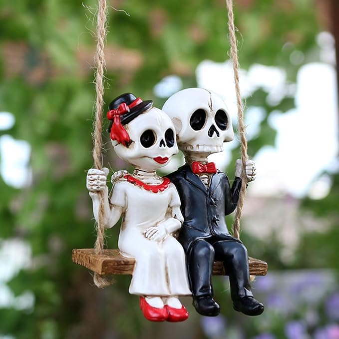 Swing Skeleton Couple Garden Statue Outdoor Halloween Decor, 3.3 Inch Cute Skull Figurine Resin Sculpture Funny Tree Hanging Ornaments for Patio Lawn Yard - skull figurine
