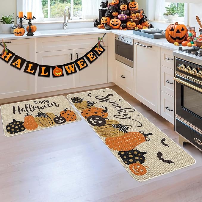 2Pcs Halloween Fall Kitchen Floor Mats Doormat Scary Pumpkin Decorative, Non-Slip Crystal Velvet Rug, Indoor/Outdoor Waterproof Kitchen Mat for Front Door Porch Entryway Decor 16x24+16x47.2Inch - skull floor mat