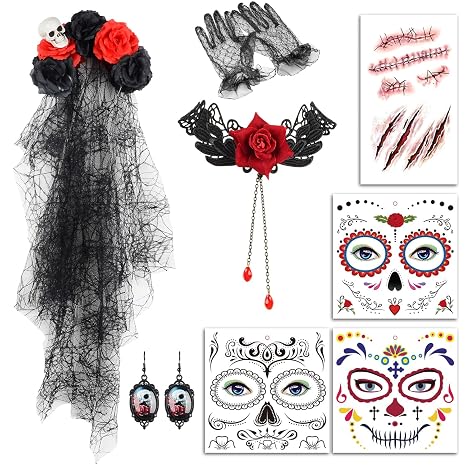 Women's Day of the Dead Costumes, Rose Flower Catrina Headpiece, Face Tattoos & Paint, Halloween Role Play Accessories - skull headband