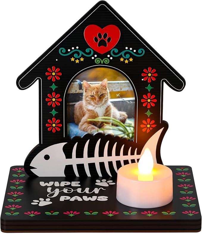 Jetec Day of The Dead Wooden Candle Holder Photo Frame Gift, Cat - skull plate