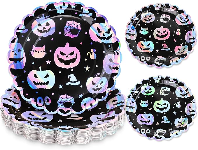 Whaline 50 Pcs Iridescent Halloween Disposable Party Plates Silver Evil Pumpkin Skull Cat Paper Plate Color-Changing Holographic Dinner Plates for Trick or Treat Spooky Kitchen Supplies, 9 Inch - skull plate