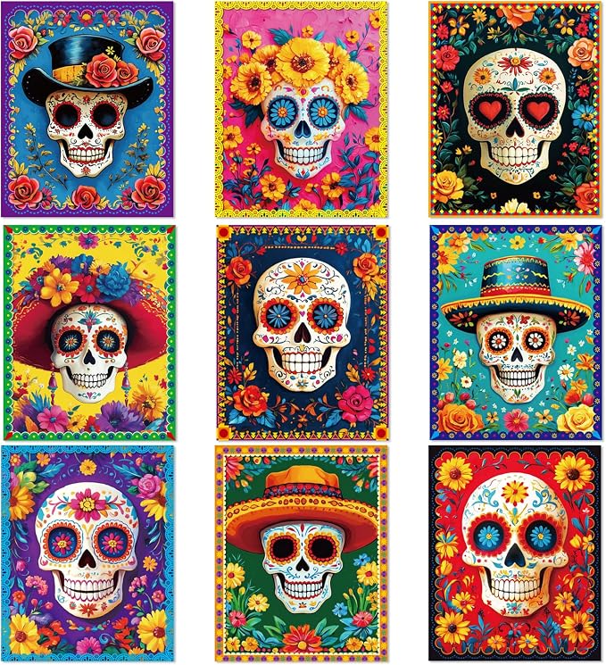 Adduster Day of The Dead Poster - 9 Piece Day of the Dead Decorations - skull wall art