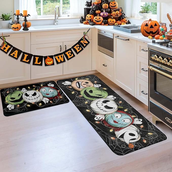 2Pcs Halloween Kitchen Floor Mat Doormat Lantern Cartoon Decorative, Non-Slip Crystal Velvet Doormat, Indoor/Outdoor Cute Kitchen Rug for Front Door Entryway Porch Fall Decor 16x24+16x48Inch - skull floor mat