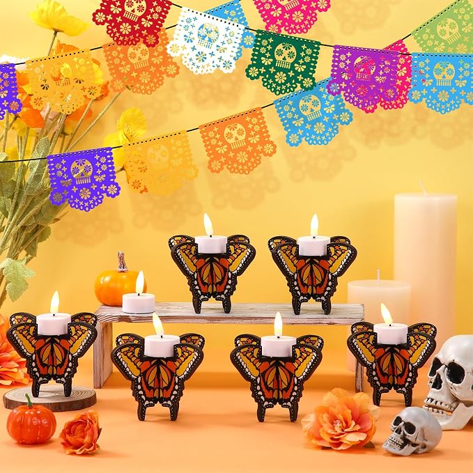12 Pcs Lemonroad Day of the Dead Wooden Butterfly Candleholder Tabletop - skull candle