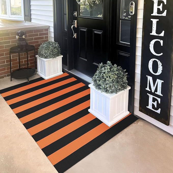 3x5 ft Fall Orange Rugs Woven Striped Halloween Front Door Mat - skull floor mat