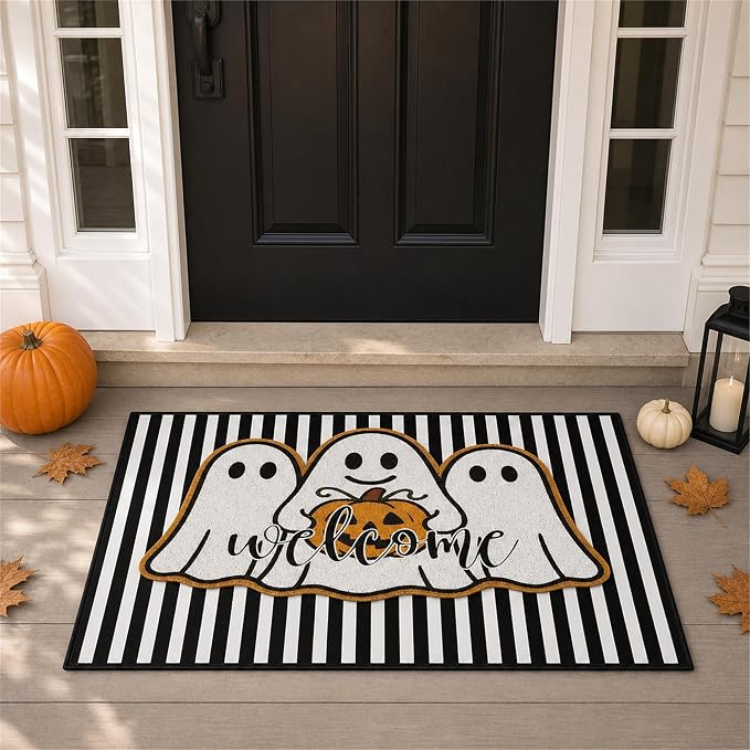 2 Pcs Halloween Door Mat Set with Ghost Mat and Striped Front Porch Rug