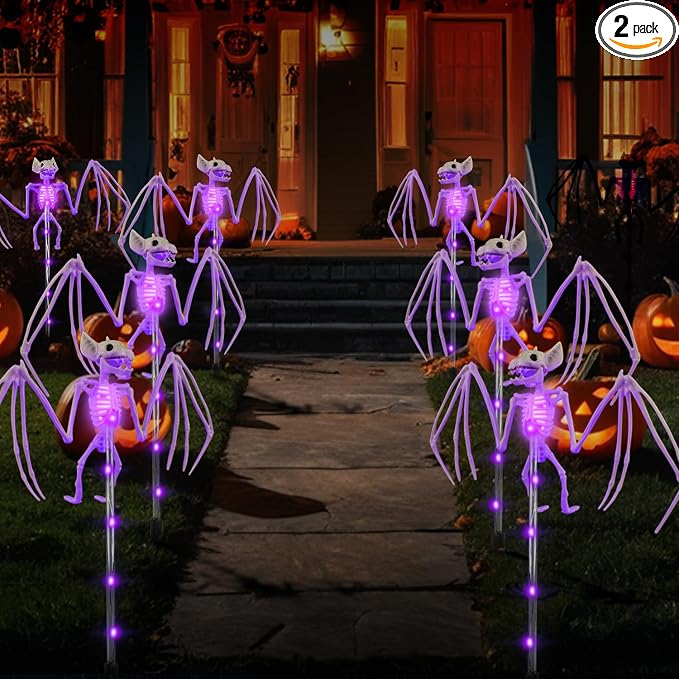 Halloween Decorations Outdoor Solar Garden Lights,2PCS of Set 3D Scary Bat Realistic Skeleton Outside Decor,Solar Creepy Bats Path Lights for Grave/Yard/House/Halloween Party Gifts Decor Purple - skeleton