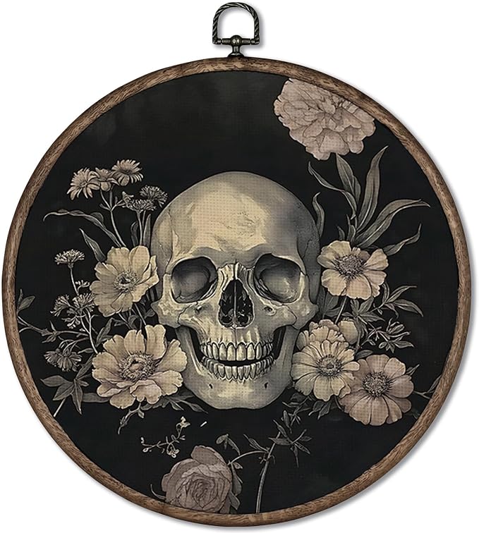 GWFSJYU Gothic Skull Wildflower Framed Wall Art, Dark Academia Decor, Vintage Gothic Halloween Round Canvas Prints Wall Art, Witchy Botanical Hanging Decor for Bathroom Living Room Gallery, 10x10in - skull wall art