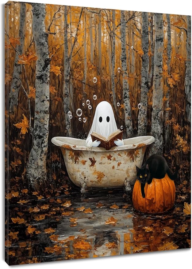 LB Fall Halloween Ghost Wall Art, Pumpkin and Black Cat, Framed, 12x16 Inch - skull wall art