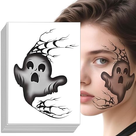 8PCS Halloween Face Temporary Tattoos Face Stickers Day of the Dead Makeup Tattoo Stickers Eye Shadow Stickers Big Ghost Temporary Face Stickers for Women Halloween Accessories Tattoo Decals - skull sticker