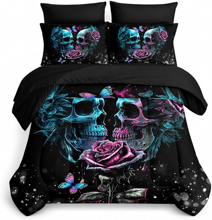 AILONEN Sugar Skull Comforter Set Queen Size,7-Piece Soft Bed in a Bag,Rose Skull Couple Black Comforter & Fitted Sheet & Flat Sheet & 2 Pillowcases,2 Pillow Shams for Bedroom - skull bedding