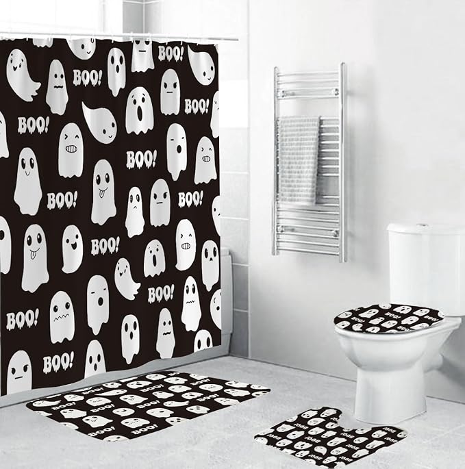 4 Pcs Halloween Boo Ghost Shower Curtain Set with Non-Slip Rugs, Toilet Lid Cover and Bath Mat, Halloween Bathroom Decor Accessories with 12 Hooks (Boo) - skull toilet mat