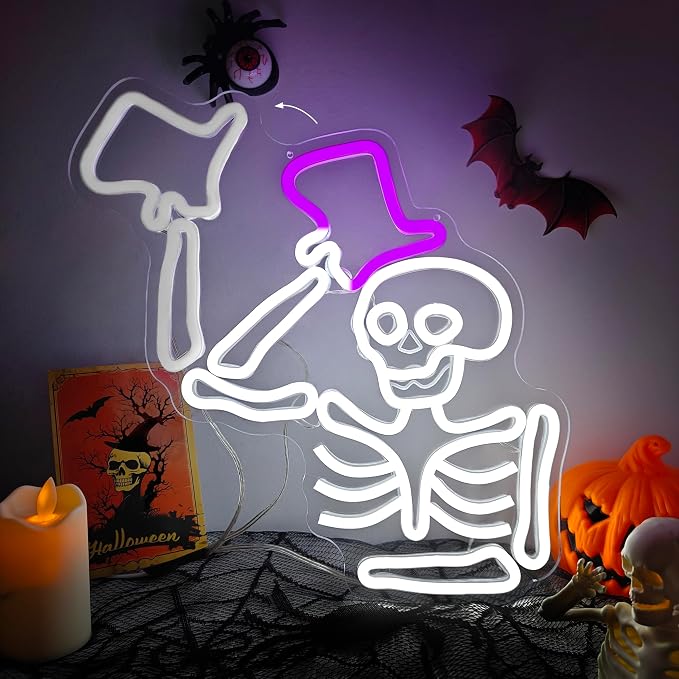 Halloween Neon Sign Skull Elegantly Tips His Hat Neon Light for Wall Decor Halloween Window Lights Dimmable Led Skeleton Light Up Sign for Party - skull lamp
