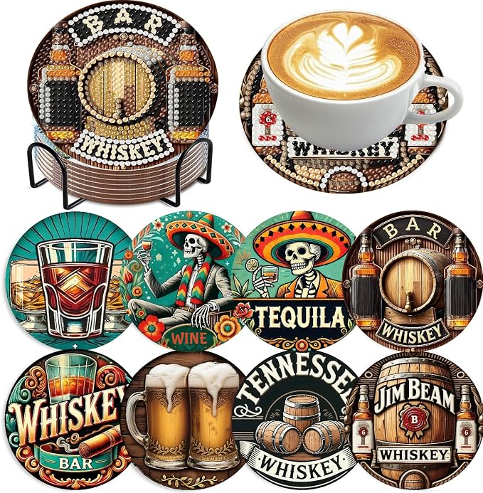 Mrnsiet 8 PCS Halloween Diamond Art Coasters Kits with Holder, 5D DIY Vintage Beer Diamond Pinting Coaster Acrylic Non Slip Coaster with Cork Pads for Tabletop Protection 10×10 CM - skull coaster