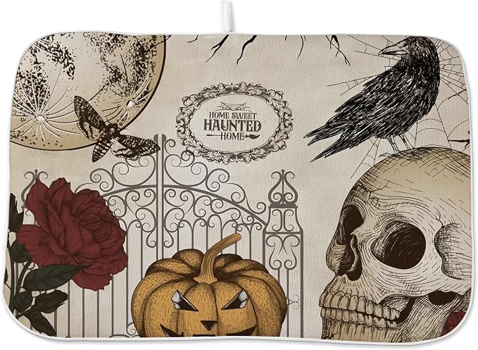 Retro Halloween Dish Drying Mat for Kitchen Counter 18x24 Inch Gothic Skull Dish Drying Pad Day of The Dead Roses Skull Reusable Washable Absorbent Pad for Kitchen Counter Dining Room Decor - skull toilet mat
