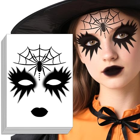 8PCS Halloween Face Temporary Tattoos Face Stickers Day of the Dead Makeup Tattoo Stickers Eye Shadow Stickers Cobweb Temporary Face Stickers for Women Halloween Accessories Tattoo Decals - skull sticker