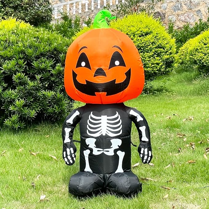 Spooky Halloween Inflatable 4FT Skull Skeleton with Pumpkin Head Lighted Blow-Up Yard Decor with LED Indoor Outdoor Inflatable for Holiday Party Use - skull inflatable