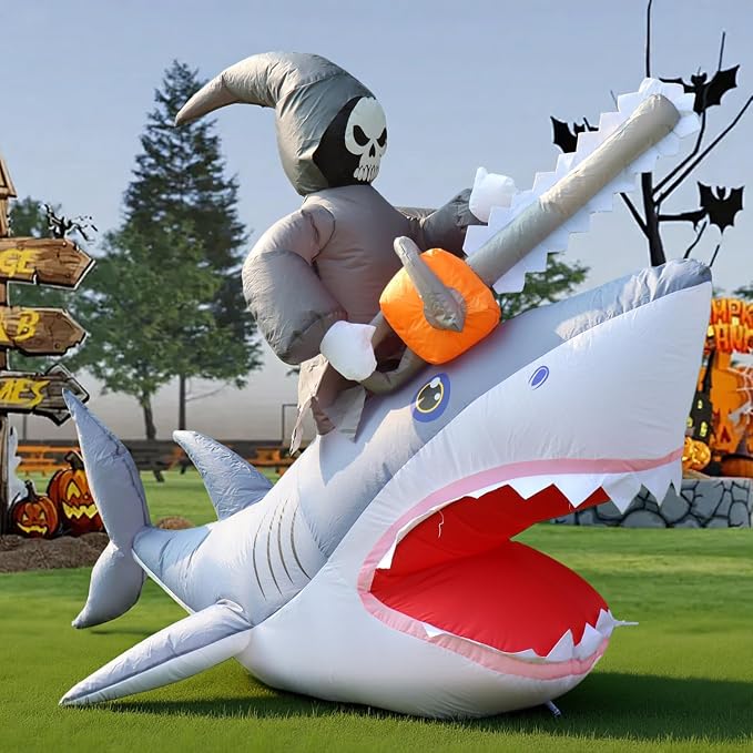 Halloween Inflatable Decoration, 6FT Death Rode on Shark with a Chainsaw Built in LED Lights Blow Up Decorations for Halloween Party, Indoor, Outdoor, Garden, Yard, Lawn, Patio Décor - skull inflatable