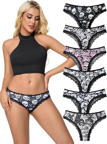 OUKAILYN 6-Pack Gothic Thong Panties, Sexy Skull and Rose Print Lace Trim G-String, Mid-Rise Emo Alt Aesthetic Underwear - skull swimsuit