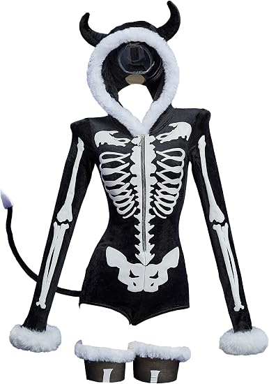 MEOWCOS Gothic Bodysuit Furry Hooded Black White Skull Pattern Halloween Costume Homewear with Tail and Socks - skull pajamas