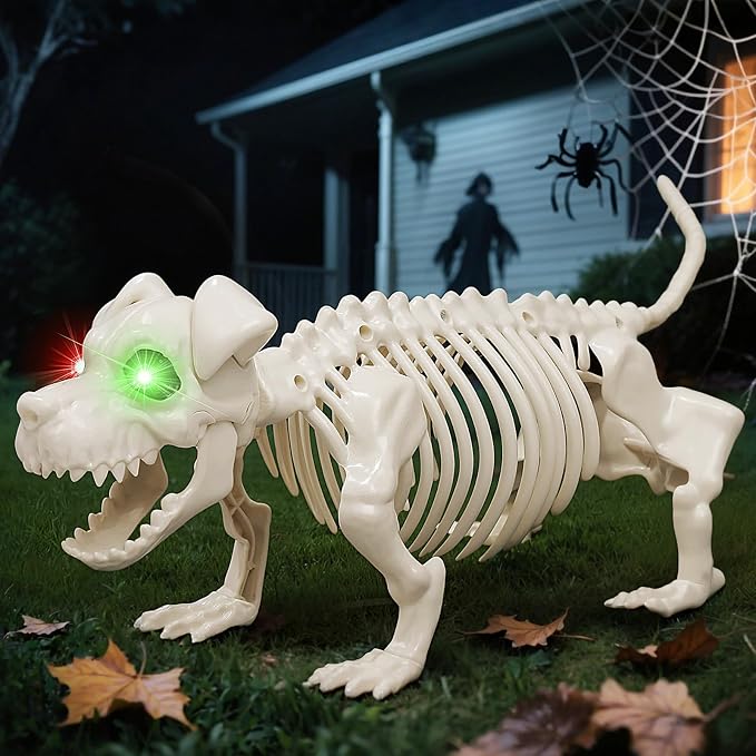 Halloween Decoration Skeleton Dog, Glowing Eyes Dog Skeletons Poseable Head - skeleton