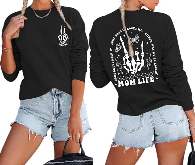 Mom Life Sweatshirt Mama Sweatshirts for Women Skeleton Halloween Long Sleeve Shirt Rock Crewneck Graphic Pullover - skull sweatshirts
